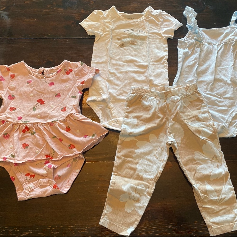 Lot: Carter's Pink Cherry Print Baby Romper & Lt Blue & Tan Mix N Match Set 18M
